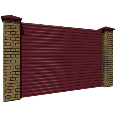 Секция забора жалюзи из ламелей еврожалюзи RAL3005 Красное Вино с кирпичными столбами